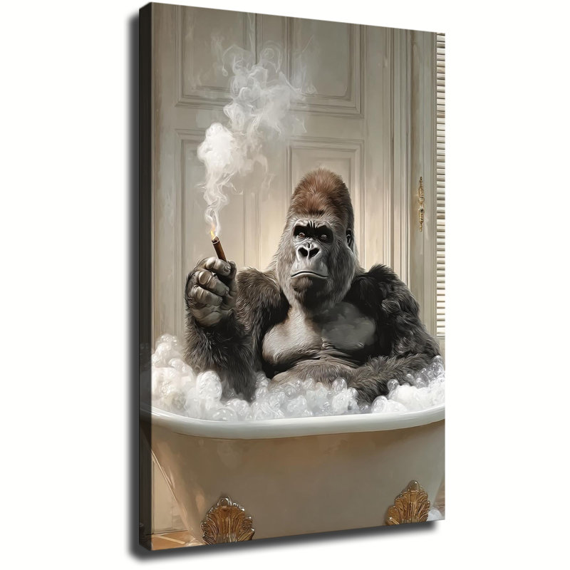 Gorille prenant un bain moussant avec un cigare, peinture à l'huile, grande toile tendue sur châssis, impression d'art mural pour salon ou chambre