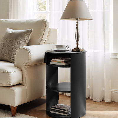 Table d'appoint ronde d'intérieur à 3 niveaux, noir mat, matériau en fer, porte coulissante pour objets de valeur, trois tablettes, ronde facile à réarranger, à construire, porte, rangement spacieux, décoration moderne