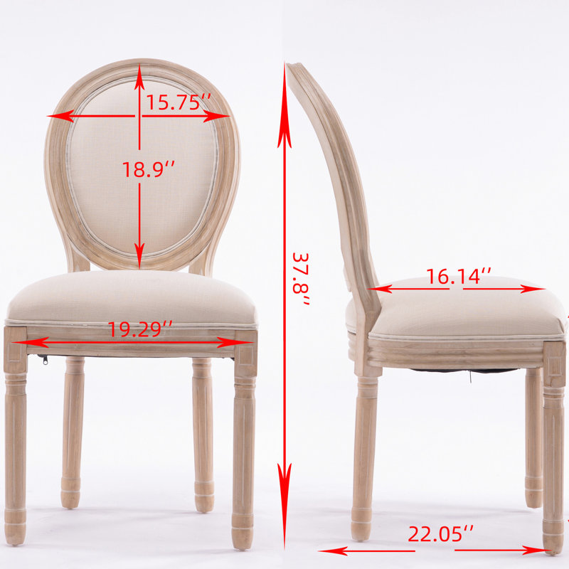French Design Dining Chair (2pcs). Solid Wood Frame, Linen. Cream Color, Oval Back Seat, Legs 2 . Elegant Frame. Linen Fabric Back, Comfortable Padded Strong For Support