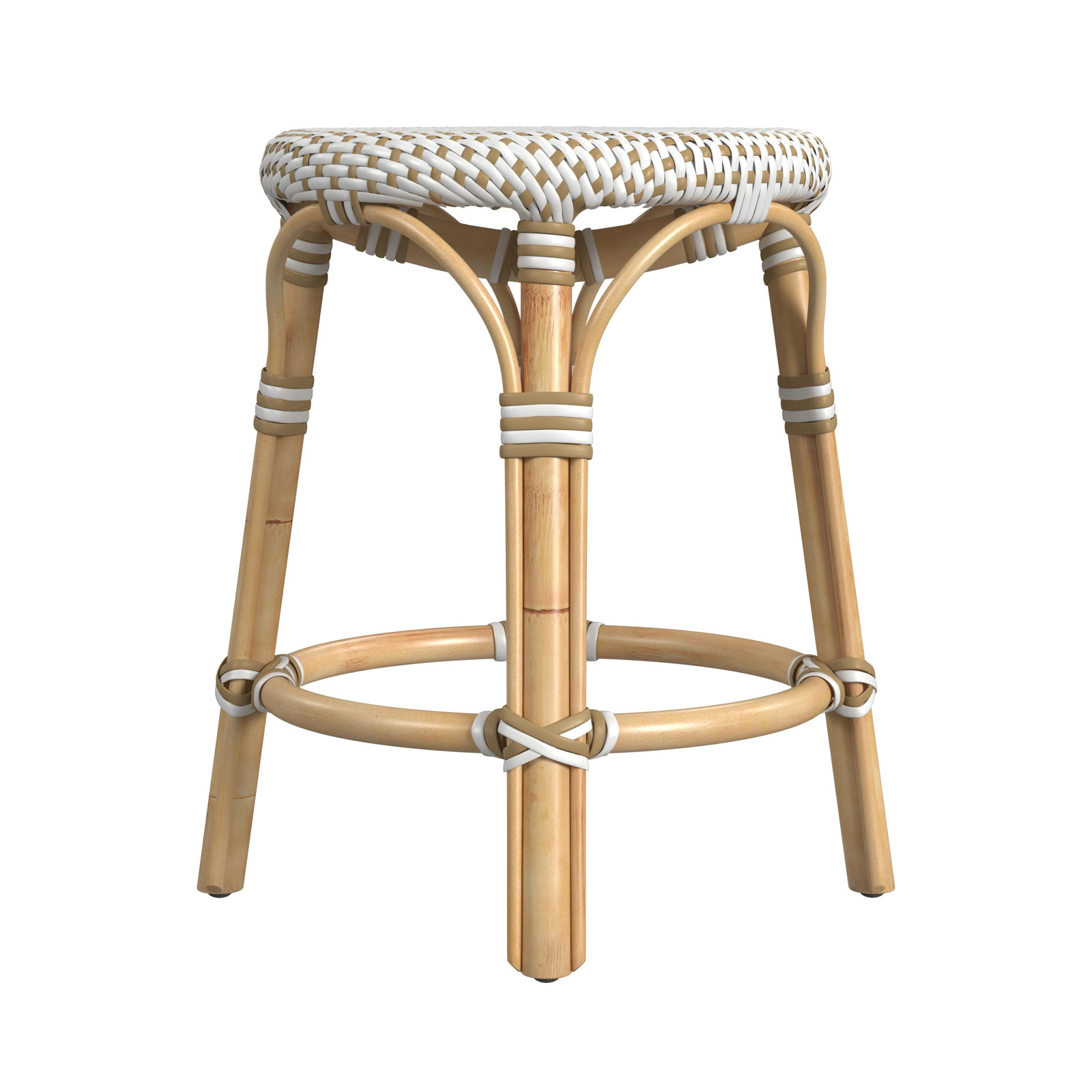 Alastair 18" Dining Short Stool, White/Tan Dot/Natural Rattan Frame