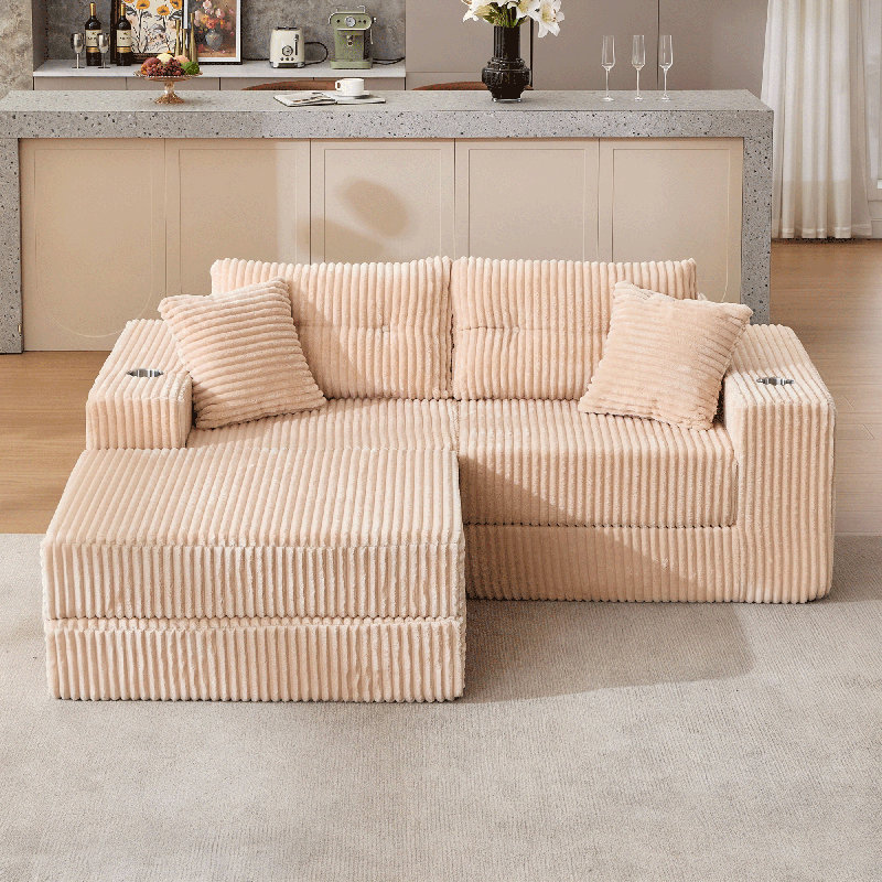 Boneless 80” W Modular Compression Sofa With Ottoman, High Rebound Density Sponge Sofa, Cream