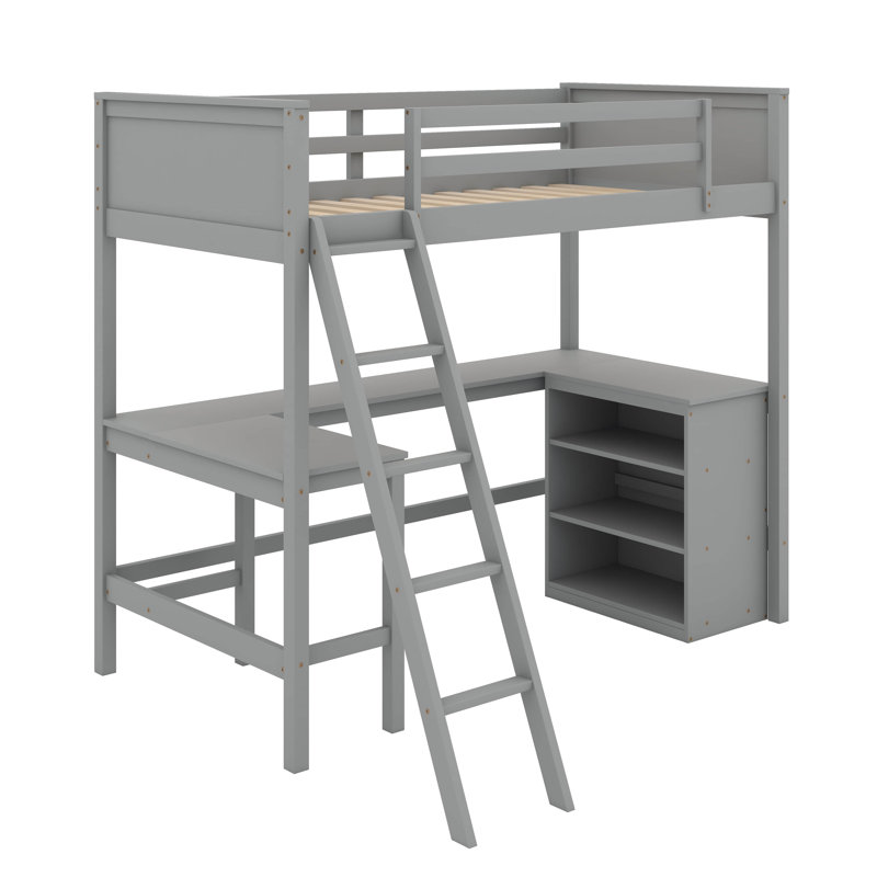 Lit mezzanine simple avec tablettes et bureau, Gris