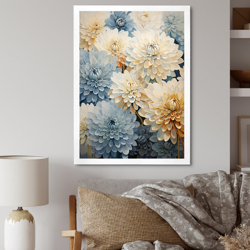 «Simplicity Mums Bloom» en beige et bleu discret IV sur toile, Cadre simple blanc, H 20 po x l 12 po x P 1 po