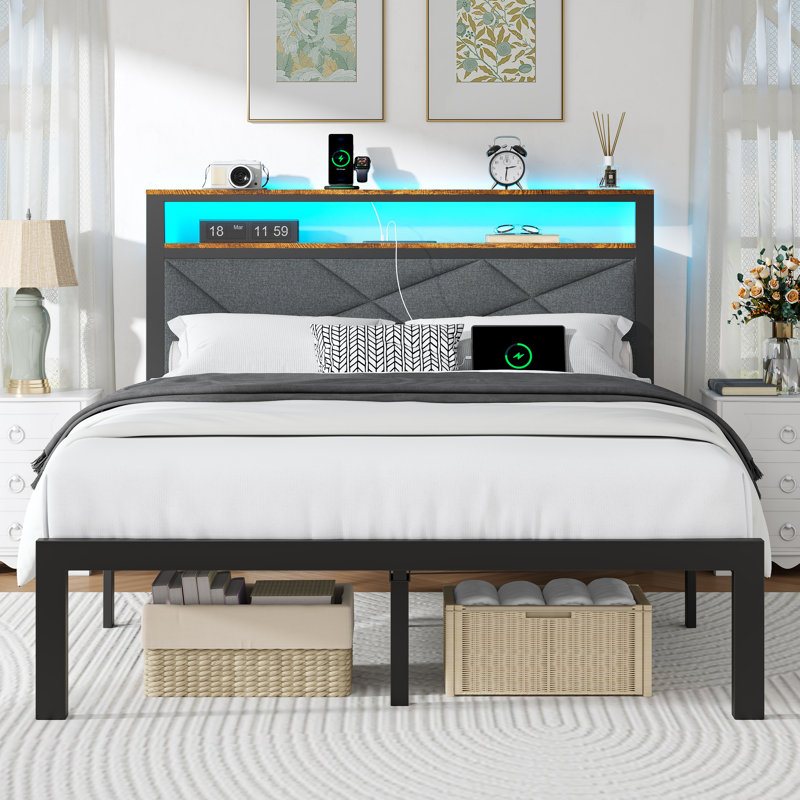 Queen Size Bed Frame with Wood Storage Headboard, Charging Station and LED Lights, 1000 LBS Capacity, Heavy Duty Sturdy Mattress Foundation & Noiseless, Easy Assembly, No Box Spring Needed