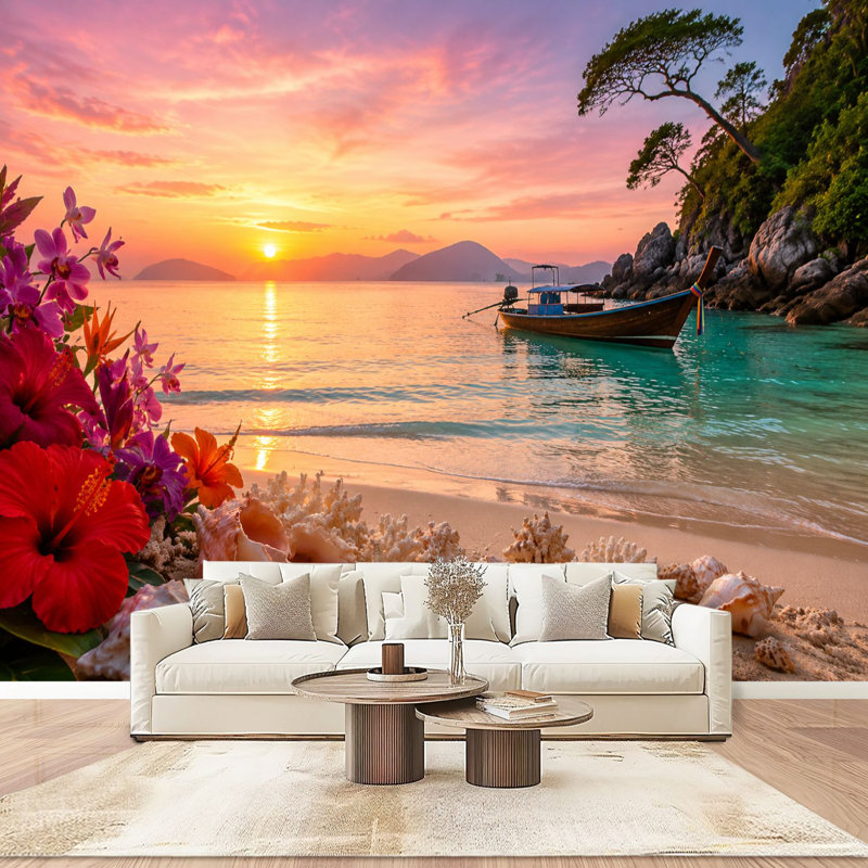 Papier peint adhésif pelez et collez Tropical Seaside Beach Vibrant Flowers Shells Clear Turquoise Water Wall Art Auto-adhésif et amovible