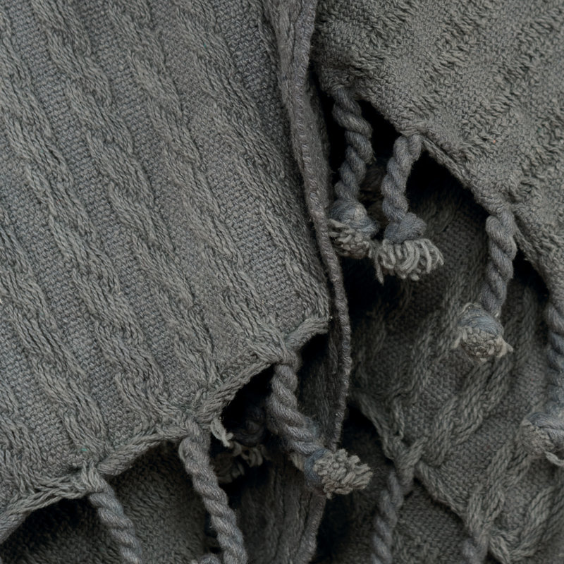 Gray Cotton Cable Knit Reversible Throw Blanket with Fringe