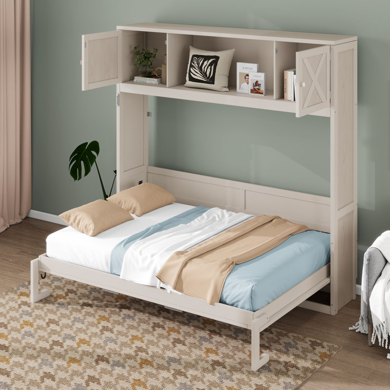 Lit escamotable double pleine grandeur avec tablette de rangement et armoire, lit escamotable escamotable horizontal escamotable