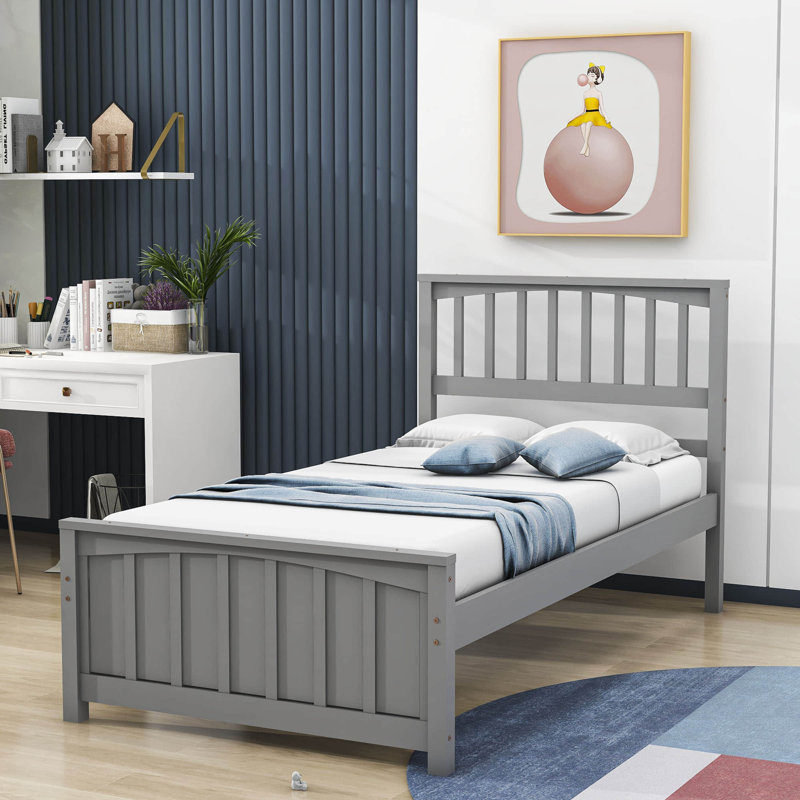 Twin Size Wooden Platform Bed with Headboard, Gray