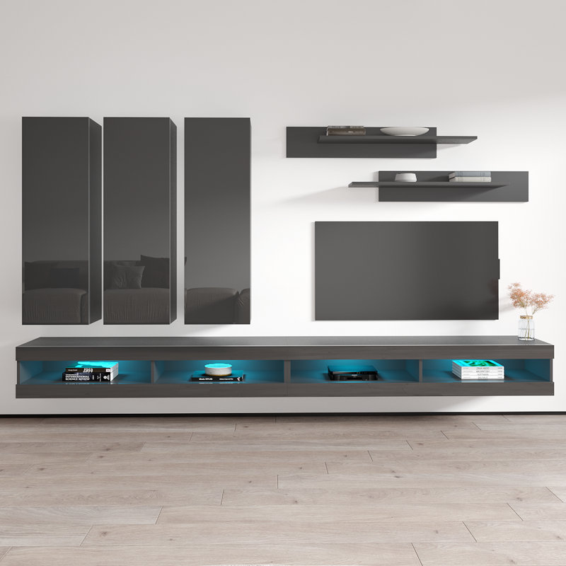 Meuble audio-vidéo mural flottant de 126 po avec éclairage à DEL 16 couleurs, finition ultrabrillante, Gris