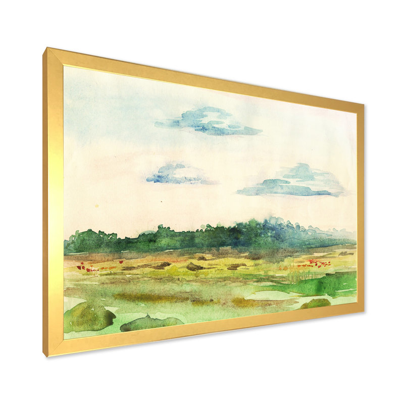 «Green Blossoming Summer Landscape», peinture sur toile, Toile encadrée d'or, H 30 po x l 40 po x 1,5 po