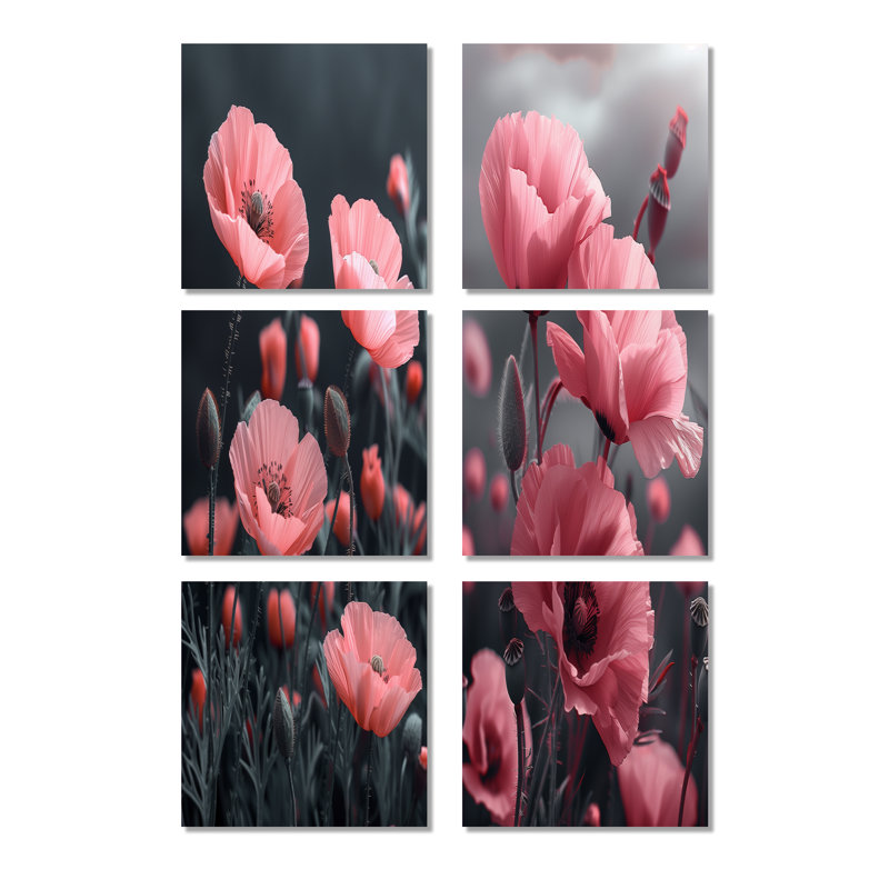 «Pink Grey Winds Poppies Garden», ensemble d'art sur toile coquelicots de 6, Toile tendue, Ne s’applique pas
