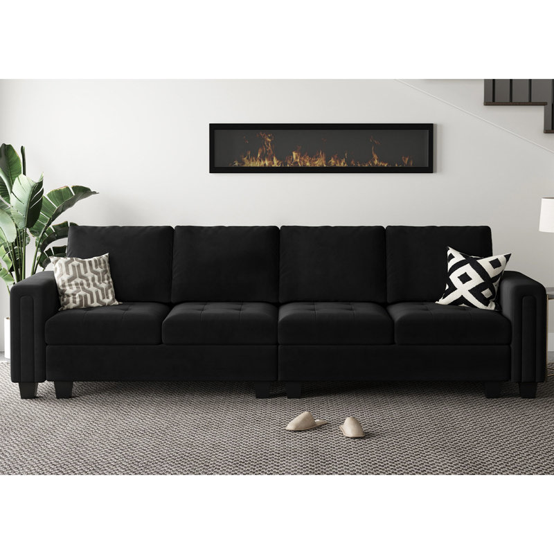 Shavera 3 - Pieces Velvet 4-Seater Sectional Sofa Lounge Apartment Living room Couch, Black