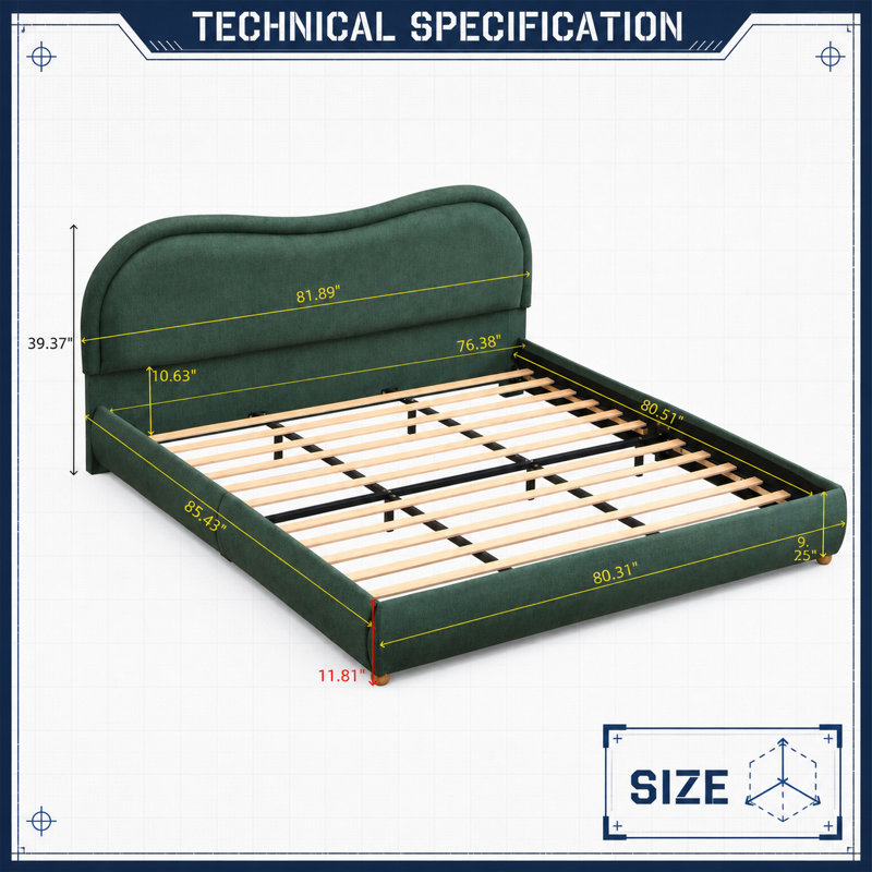 Très grande base de lit tapissier avec tête de lit arrondie et coins arrondis, tête de lit rembourrée, lattes en bois franc de qualité supérieure, pieds en bois massif durable, revêtement en chenille doux pour la peau