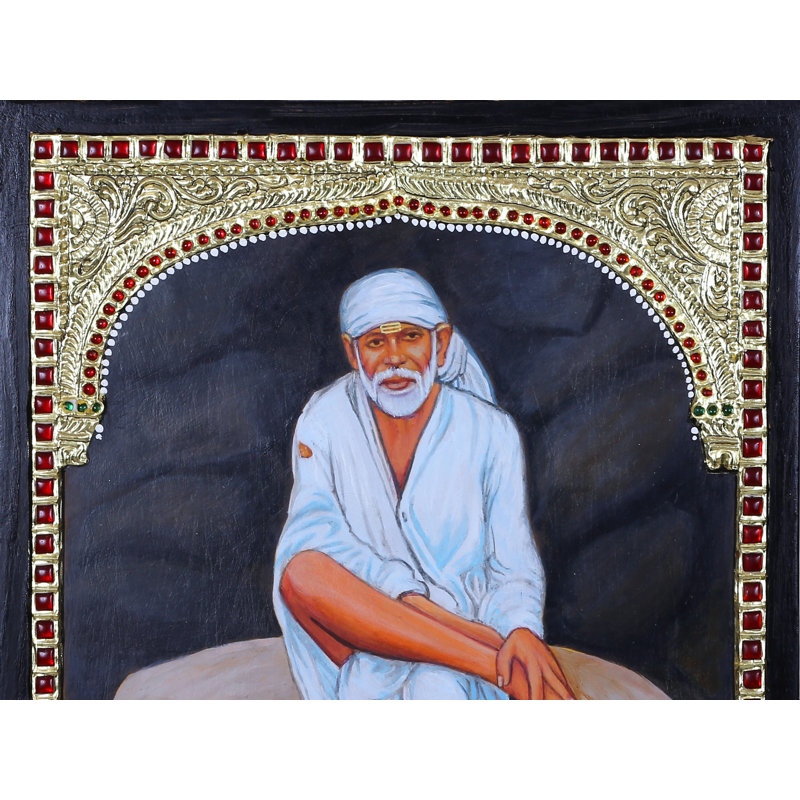 Lord Sai Baba, assis sur un rocher, peinture de Tanjore L, couleurs traditionnelles avec or 24 carats, cadre L