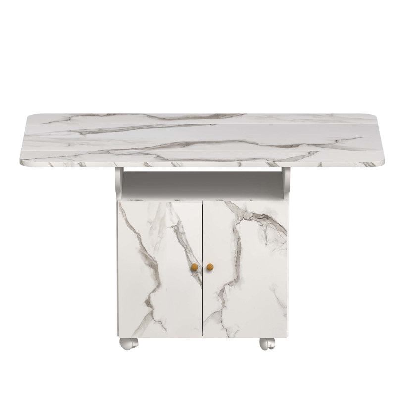 47" Wood Folding Dining Table with storage rack and cabinet, Removable Entryway Table with 6 Wheels, White Marble Color Kitchen Island, Side Table and Coffee Table Versatile Table Space Saving