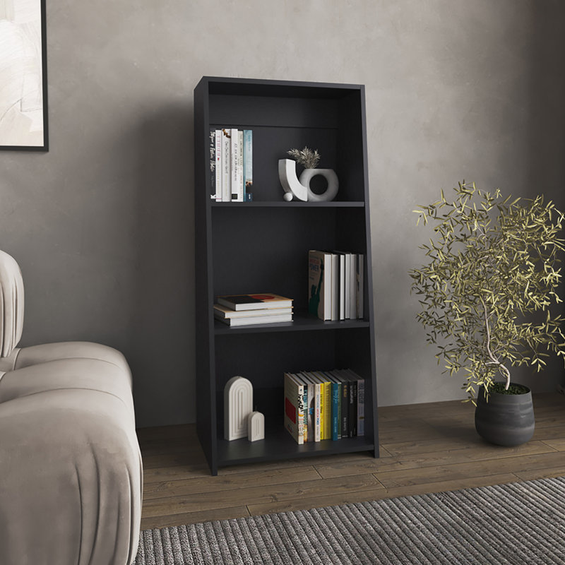 Élégante bibliothèque blanche contemporaine avec trois tablettes spacieuses pour les salons et les bureaux à domicile, Black