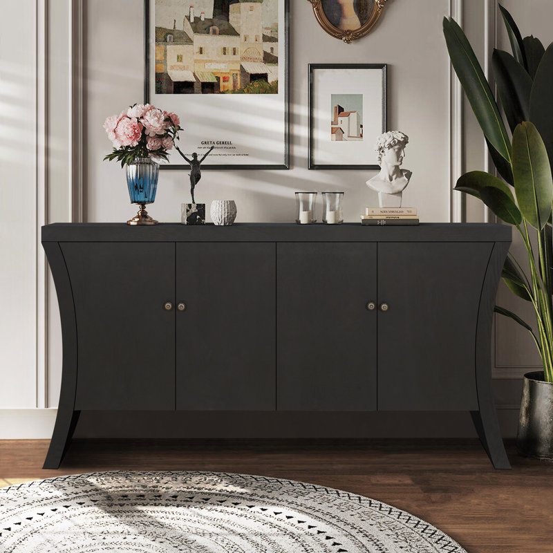 Armoire de rangement 4 portes avec pieds en bois, Noir