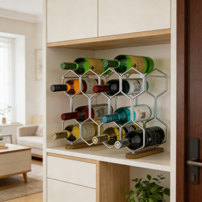 Support à vin de comptoir moderne pour 14 bouteilles, support autoportant en métal et en bois, rangement de table compact pour la cuisine, le bar ou l'armoire