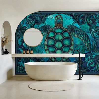 Papier peint auto-adhésif style vitrail Tortue de mer en verre teinté bleu sarcelle Palette murales murales corail H 100 po x l 144 po Papier mural amovible en PVC auto-adhésif pour le salon de la chambre Bureau à domicile