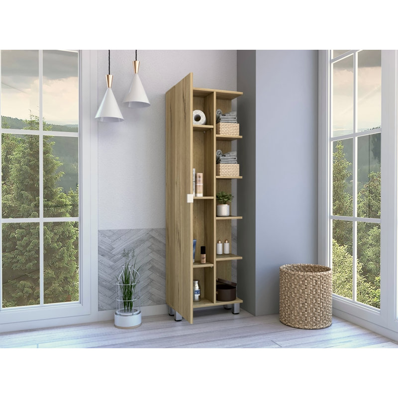 Stylish Tall Cabinet with Open and Hidden Storage, Versatile for Any Room and Decor., Light Brown Oak