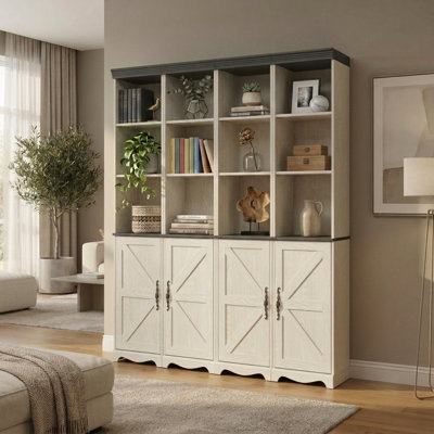 Ensemble d'armoires de rangement modulaires 4 en 1, bibliothèque librement combinable avec tablettes réglables, casiers ouverts et armoires à portes de grange pour le salon, le bureau et le bureau