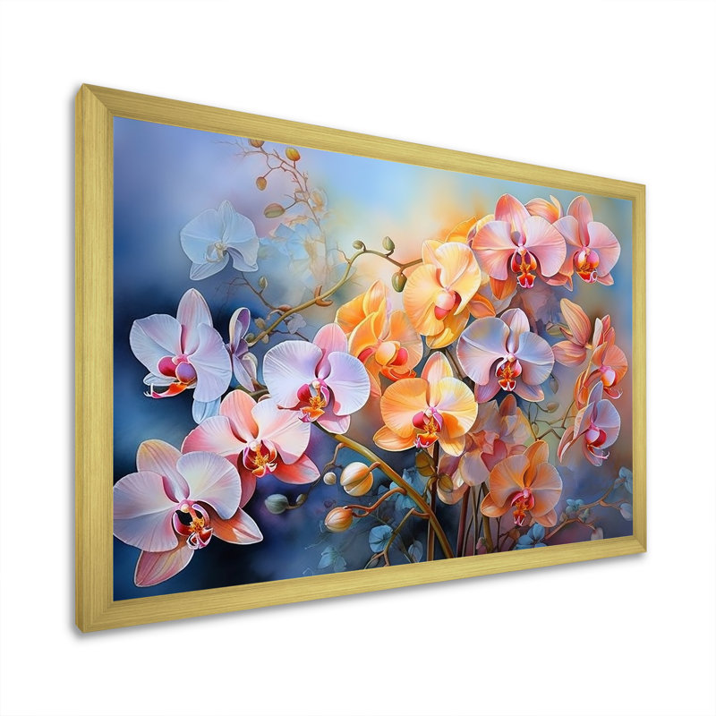 Orchidées roses au coucher du soleil sur toile, H 16 po x l 32 po x P 1 po, Cadre doré simple