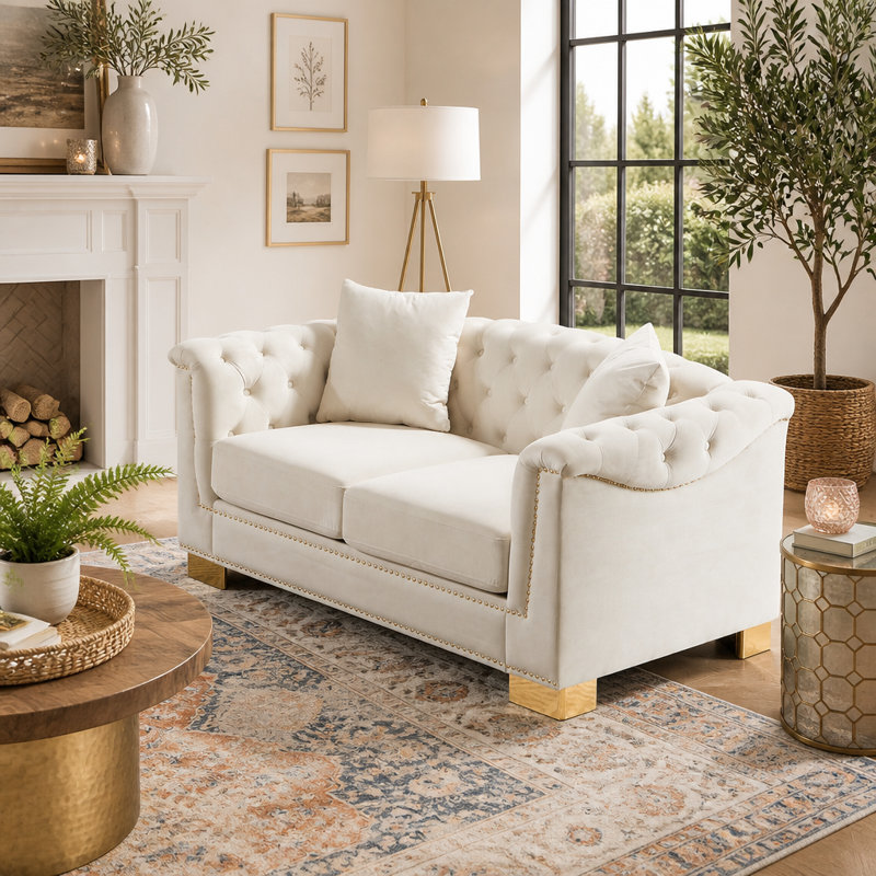 Canapé Chesterfield en velours beige, 2 places, 157 cm (62 pouces), accoudoirs arrondis, orné de clous dorés