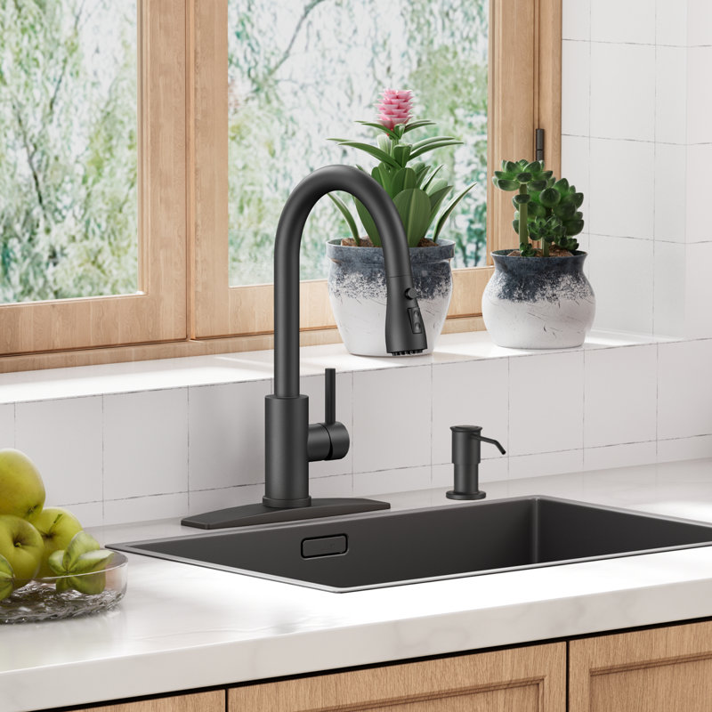 FURUISI Pull Down Single Handle Kitchen Faucet with Soap Dispenser, Matte Black