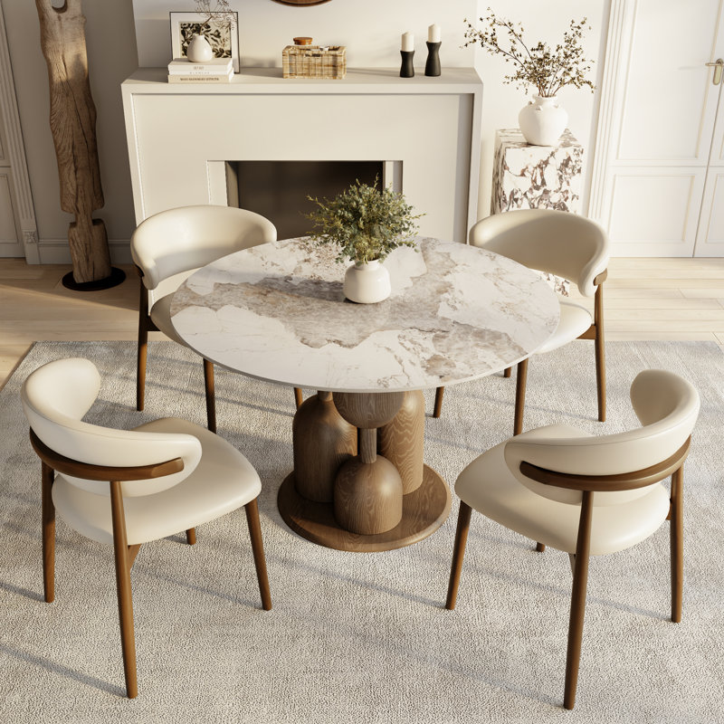 Amberly Luxury Modern Round Sintered Stone Dining Table Solid Wood Pedestal Kitchen Table For 4/6/8, One-step Installation
