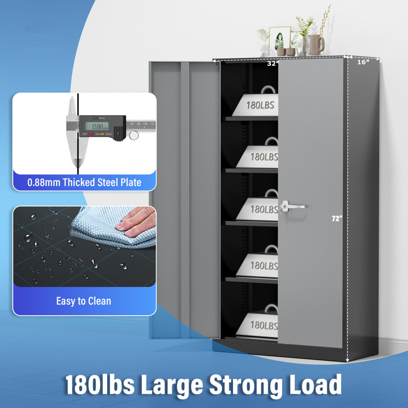 Steel Single Storage Cabinet with Lock ( 72'' H x 32'' W x 16'' D), Black/Grey