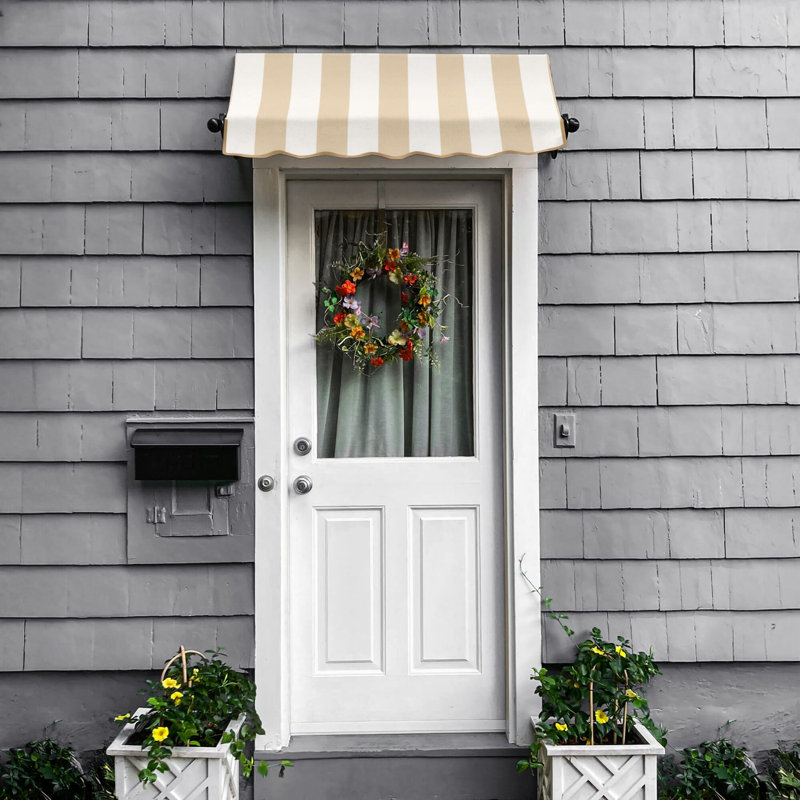 Awntech Charleston Acrylic Fabric Awning with Iron Scroll Arms, 36" H x 52.5" W x 24" D, Linen/White Stripe