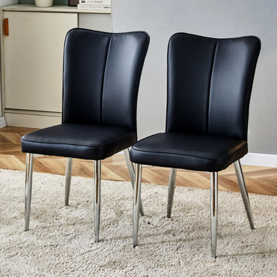 Chaise de salle à manger moderne 2 pièces, dossier et siège rembourrés en cuir de polyuréthane noir, pieds en métal, confortables pour la maison, la chambre à coucher, le salon, la collection d'installation simple des étapes 2, coussins recouverts, courbés