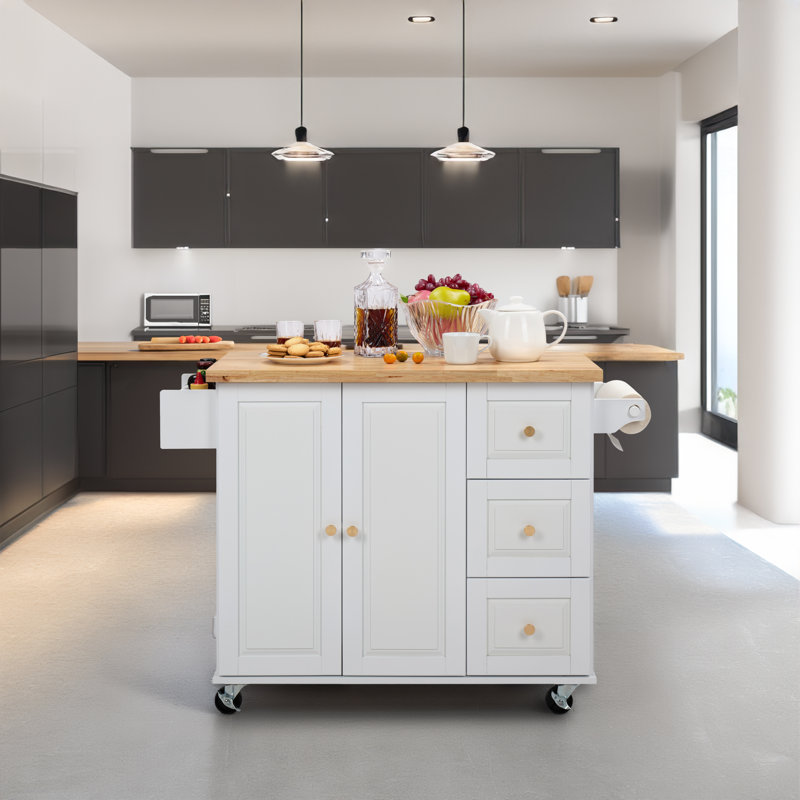 Îlot de cuisine avec plateau en bois Berkly, Blanc