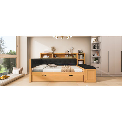 Lit de jour en bois pleine grandeur avec lit gigogne, tablettes de rangement, banc, station de charge et tête de lit tapissier, couleur naturelle + coussin noir
