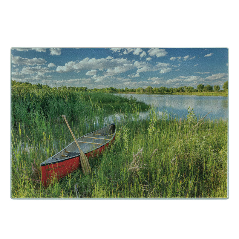 Ambesonne Lake Theme Tempered Glass Cutting Board Canoe with Wooden Paddle Multicolor