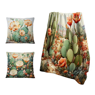 Ensemble de couverture et coussin décoratif Coral Green Cactus Desert Blooms Pointillism III - Cactus