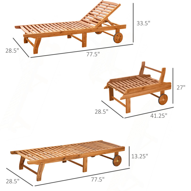 Outsunny Outdoor Folding Chaise Lounge Chair Recliner With Wheels, Acacia Wood Frame