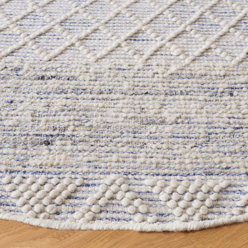 Antwoin Hand Woven Wool/Cotton Geometric Rug in Blue/Ivory, Round 6'