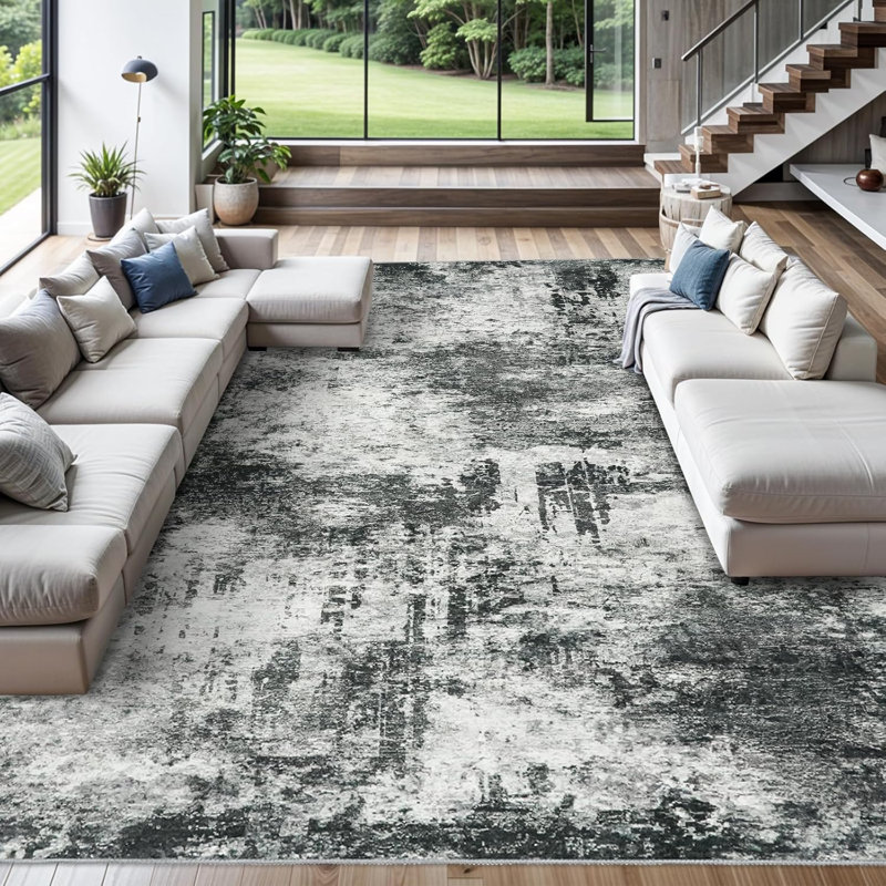 Washable Abstract Area Rug - Large Living Room Area Rugs Modern Stain Resistant Indoor mat for Bedroom Dining Room Non Slip Rubber Backing Thin Super Soft Room Decor Floor Carpet Black A