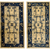 Pair Of Antique Antique Small Scatter Size Ivory Wool Pile Chinese Dragons Peking Rugs