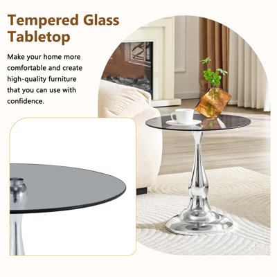 Table d'appoint ronde moderne argentée avec plateau en verre trempé, parfaite pour les salons, les chambres et les patios