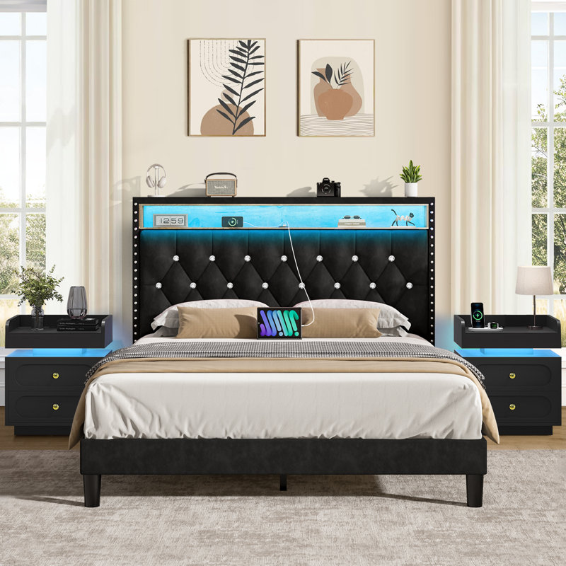 Platform Bed With Storage Headboard And LED Lights,Equipped With Modern  End Table For Bedroom 3 Set, Queen, Black