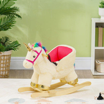 Cheval à bascule QABA Kids, Ride On Unicorn avec sons réalistes, ceinture de sécurité et base en bois, berçant en peluche pour tout-petits de 18 à 36 mois