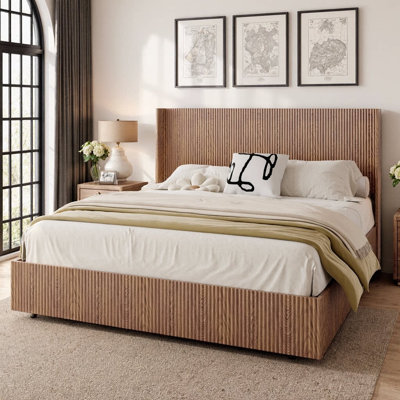 Lift-Up Storage Bed with Grooved Wingback Headboard, Hydraulic Gas Lift, Solid Wood Slats