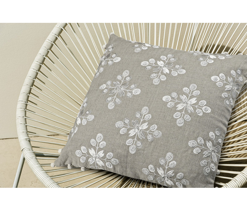 Housse de coussin carré 100% lin, polyester, Motif floral gris / beige