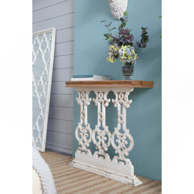 32" x 12" x 32" Classic Vintage White Wash Console Table with Brown Wood Top