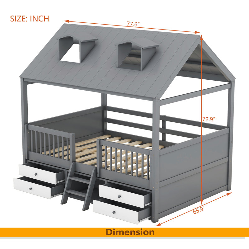 Wood Bed House Bed Frame, Gray, Full