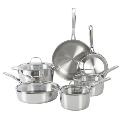 Sur La Table Kitchen Essentials 10 Piece Stainless Steel Non Toxic Pots And Pans Kitchen Cookware Set W/ Triply Encapsulated Base - In Silver