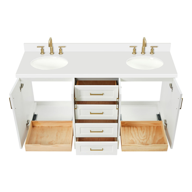 Freitas 67'' Solid Wood Double Bathroom Vanity in White with 1.5'' Pure White Quartz Top, Center, Oval Sink, Oval, White