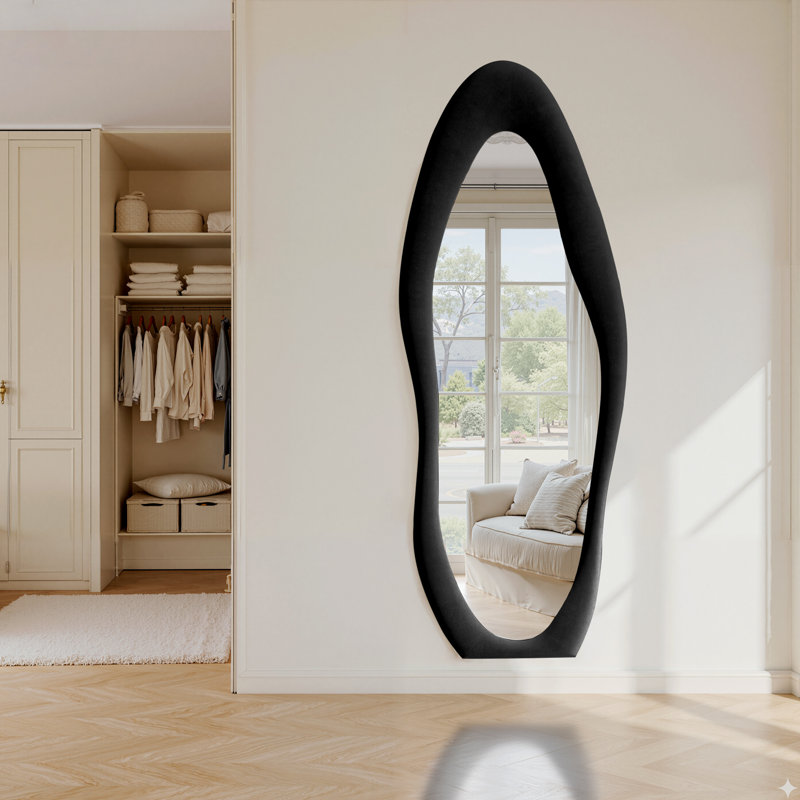 Farkhan Wavy Freestanding Mirror with Hooks, 63" x 24", Black